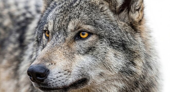 Close-up of a wolf's face against a white background