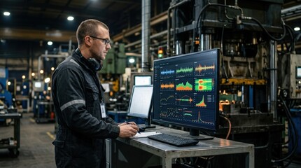 Fototapeta premium Medium shot of a technician monitoring a dashboard screen displaying realtime data from vibration and pressure sensors on industrial presses for anomaly detection.