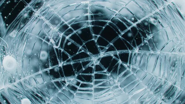 Ultra-detailed extreme close-up macro video of translucent light blue ice slowly fracturing into angular pieces, revealing a matte black void. Concept of fragility
