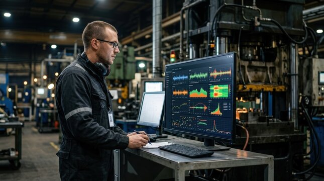 Medium shot of a technician monitoring a dashboard screen displaying realtime data from vibration and pressure sensors on industrial presses for anomaly detection.