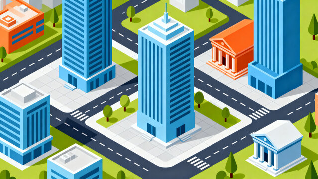 financial district cityscape with modern buildings and roads