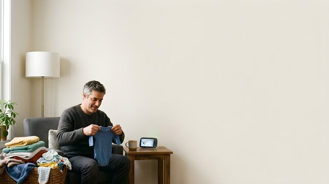 Happy Father Sitting on Sofa Holding Blue Baby Onesie and Monitoring Sleeping Baby on Video Screen