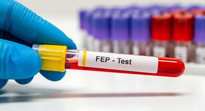 Gloved hand holding blood test tube with FEP test label and yellow cap