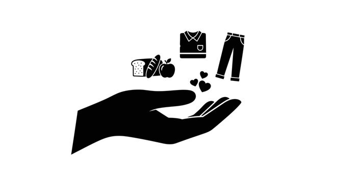 Black silhouette icon of a hand holding basic human needs like food and clothing.