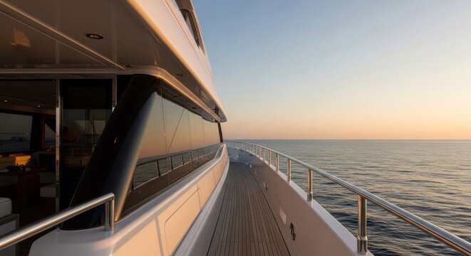 Yacht deck with a railing and large windows, reflecting the sunset over the calm sea