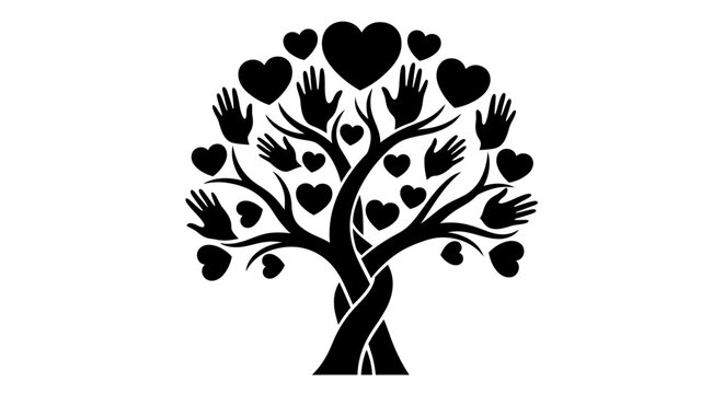 Abstract illustration of a tree made from hands and hearts representing unity and community.