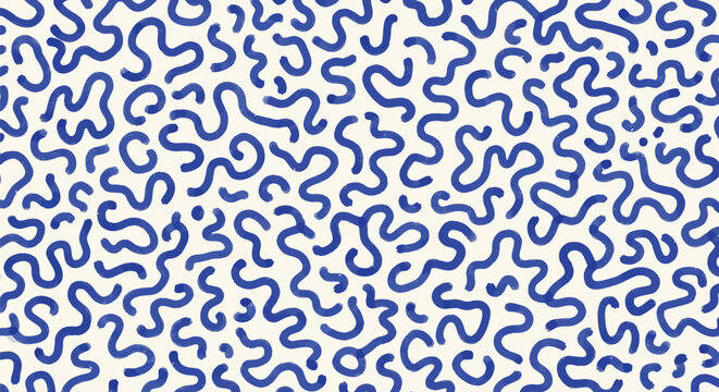 Abstract hand drawn blue squiggly lines pattern on a light cream background texture.