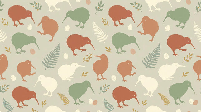 Seamless pattern with kiwi birds and silver fern leaves in vintage style