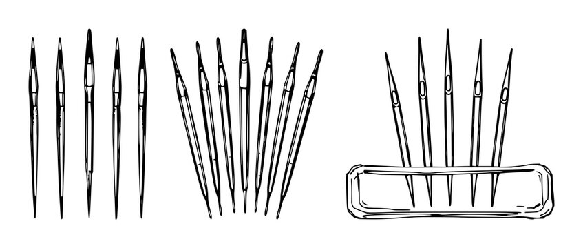 Surgical needles set with rough sketchy art design featuring medical tools, healthcare equipment, sterile instruments with silver finish and white background