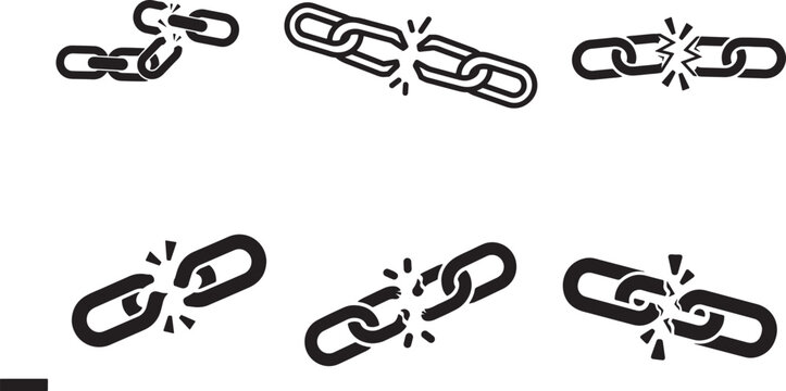 Broken chain links vector graphics with disconnect separation struggle challenge solution