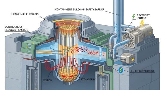 Cutaway diagram of nuclear reactor core showing uranium fuel rods, control rods, coolant flow, containment building and generator system converting split‑atom heat energy into large‑scale electricity 