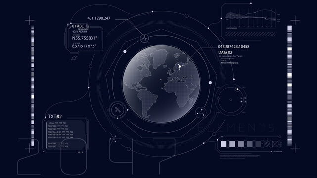 Control system with HUD interface, screen monitor with 3D earth globe, UI frames, charts, diagram, data.