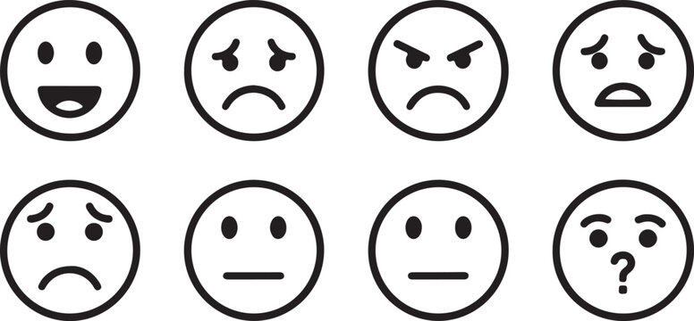 Collection of eight diverse emoji faces showing various emotions like joy sadness anger confusion