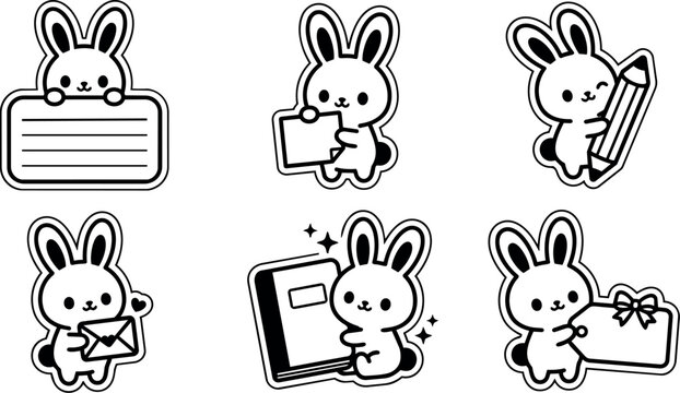 Black and white kawaii bunny holding pencil envelope and notebook vector art