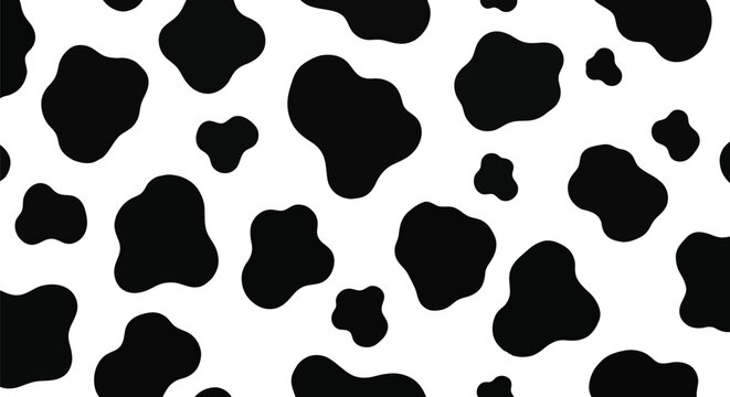 Seamless black and white cow print pattern with irregular spots for textile design and backgrounds