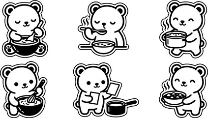 Naklejka premium Black and white line art bear cooking and serving food set