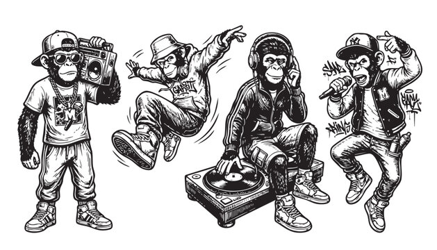 Set of 4 black and white hip hop monkey vector illustrations. Features a DJ, breakdancer, rapper, and boombox in vintage engraving style.