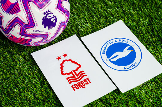 Nottingham Forest vs. Brighton & Hove Albion Premier League football game, official match ball on lush green pitch, wallpaper with copy space.