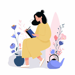 Obraz premium Woman sitting with flowers writing in notebook outdoors in garden