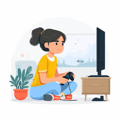 Fototapeta premium A girl sits on floor playing video games with controller on TV