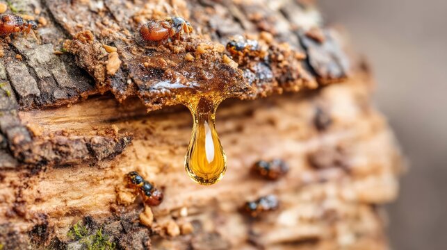 Close-up of Amber Resin Dropping from a Tree Trunk with Ants Nearby