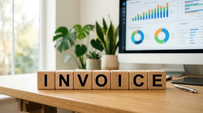 Wooden blocks spelling INVOICE on a desk with a computer showing financial data.