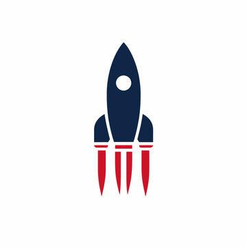 A rocket ship blasts off into the sky with red flames