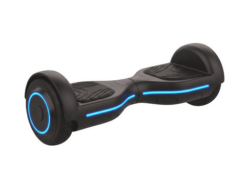 Black hoverboard with blue lights isolated on transparent background