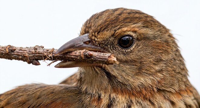Jo&atilde;o Graveto on a white background holding a twig in his beak