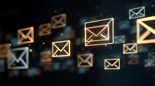 Abstract digital image of glowing email icons floating on a dark background