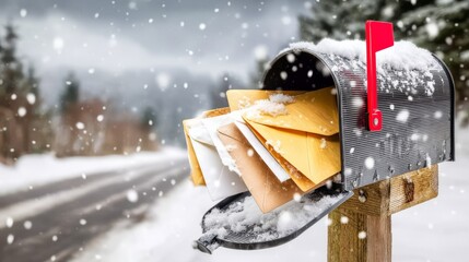 Naklejka premium Snowy Mailbox with Holiday Envelopes Slightly Open and Covered in Snow