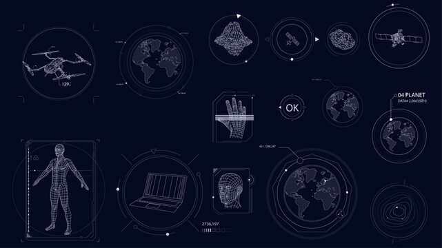 Control system with HUD interface, screen monitor with 3D earth globe, UI frames, charts, diagram, data. 23