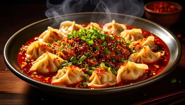 Steaming Sichuan Style Dumplings in Rich Chili Oil Broth with Sesame Seeds and Scallions, A Spicy Asian Delight