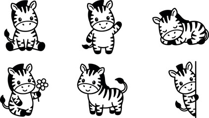Obraz premium Black and white cute cartoon zebra in six different playful poses vector art