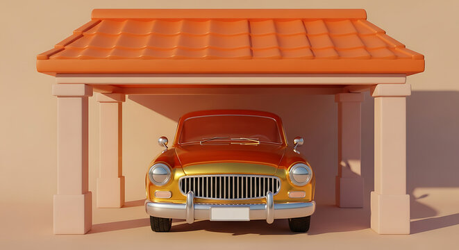 Classic vintage car parked under a carport with an orange roof