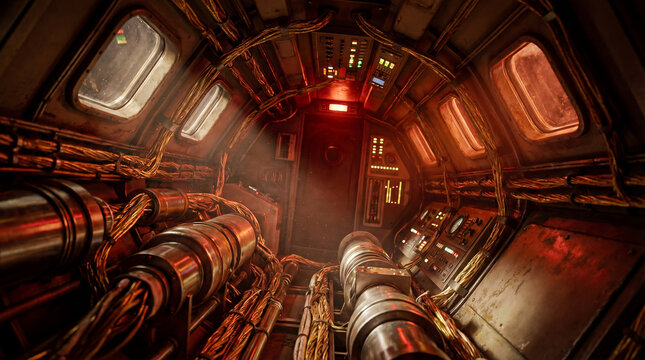 Steampunk interior bathed in warm, flickering light