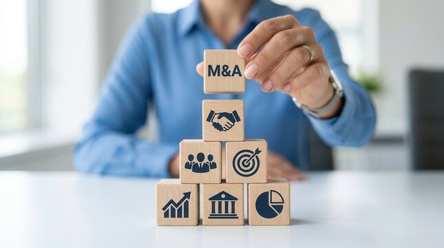 Business mergers and acquisitions concept featuring M&A wooden blocks.