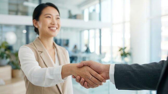 Successful job interview with a young Asian woman shaking hands with employers.