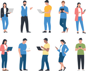Obraz premium Business people using laptop tablet smartphone modern communication technology office workers digital devices teamwork professional flat illustration set