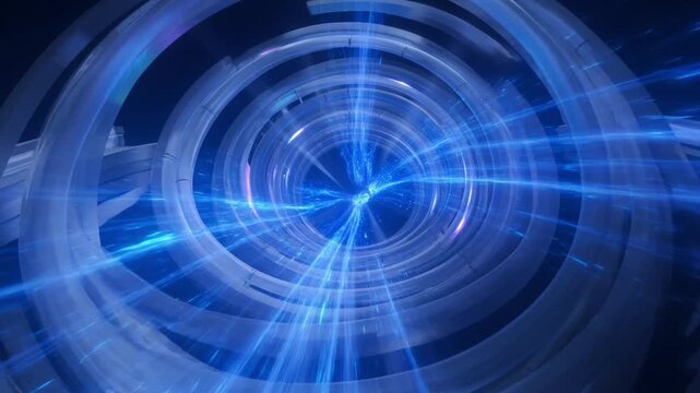 Blue lights swirl in a mesmerizing circular pattern on a dark background