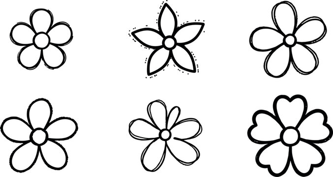 Black and white hand drawn flower doodles with six petal shapes