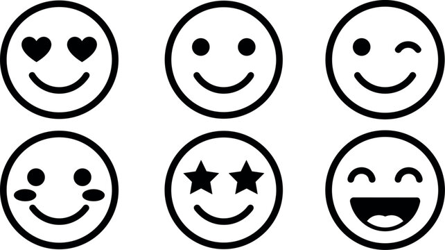 Black and white smiley faces icon set with hearts stars and winking eyes