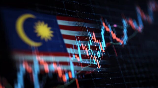 Malaysia stock market growth shows rising financial chart over national flag background for economic analysis and investment planning with glowing digital trade data in dynamic cinematic motion.