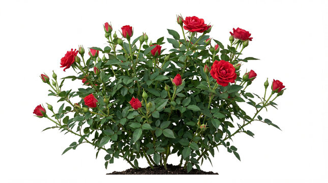 Red rose bush with multiple blooms and green foliage isolated on white background.