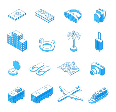 Isometric line travel icons. 3d line airplane, ship, buses. Isolated hotel building, summer swim accessories, suitcase. Tourism, leisure, vacations nifty vector set