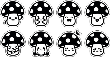 Obraz premium Black and white cartoon mushrooms with different facial expressions vector art