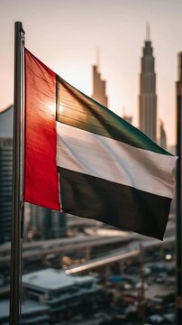 united arab emirates uae flag waving with dubai skyline