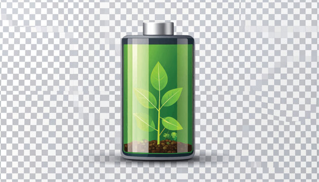 Sustainable Green Energy Battery with Plant Growing Inside. Eco-Friendly Technology, Renewable Power Concept. Isolated on Transparent Background.