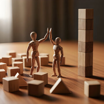 Two wooden mannequins high-fiving with a tall wooden block tower behind them on a wooden surface with scattered blocks.