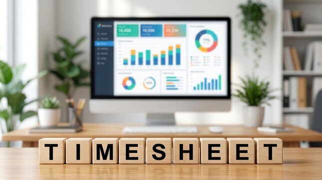 Timesheet wooden blocks on a desk for time tracking, payroll, and billing management.